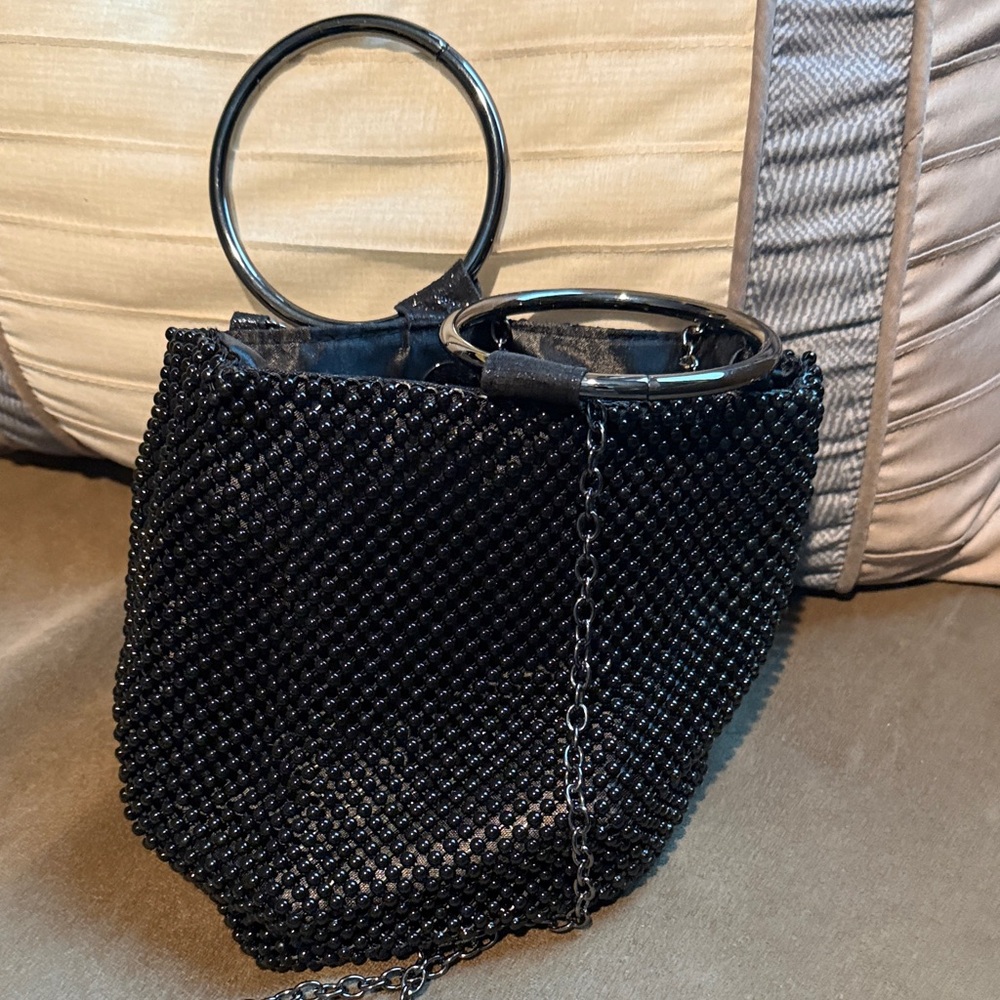 Black Beaded Ring-Handle Women's Handbag